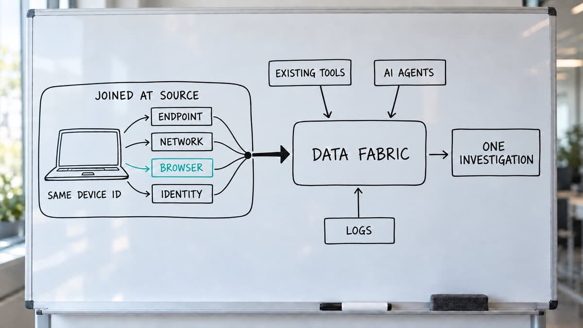 Whiteboard diagram of one device whose endpoint, network, browser and identity telemetry are joined at source and flow into the Data Fabric alongside existing tools, AI agents and logs, ending in one investigation