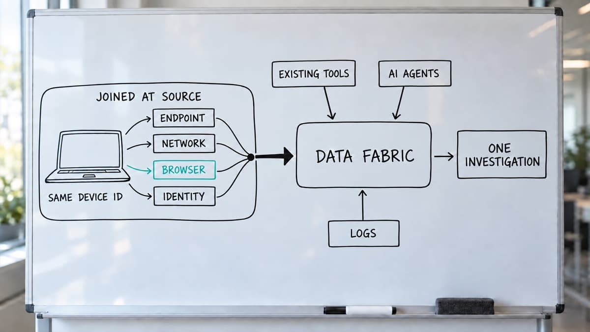 Whiteboard diagram of one device whose endpoint, network, browser and identity telemetry are joined at source and flow into the Data Fabric alongside existing tools, AI agents and logs, ending in one investigation