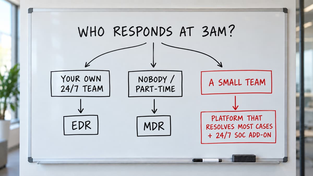 Decision tree on a whiteboard: who responds at 3am? Your own 24/7 team leads to EDR; nobody or part-time leads to MDR; a small team leads to a platform that resolves most cases plus a 24/7 SOC add-on