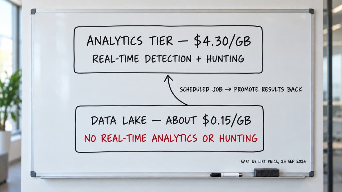 Whiteboard comparing Microsoft Sentinel's analytics tier at $4.30 per GB with real-time detection and hunting, and the data lake at about $0.15 per GB with no real-time analytics or hunting, linked by a scheduled job that promotes results back