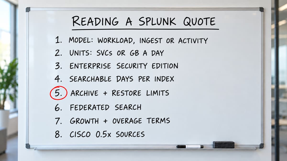 Whiteboard titled Reading a Splunk quote listing eight checks: model, units, Enterprise Security edition, searchable days per index, archive and restore limits (circled), Federated Search, growth and overage terms, and Cisco 0.5x sources