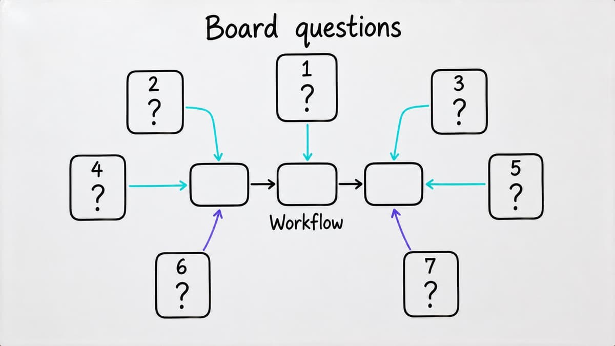 Diagram of seven numbered boardroom question cards arranged around a central AI workflow