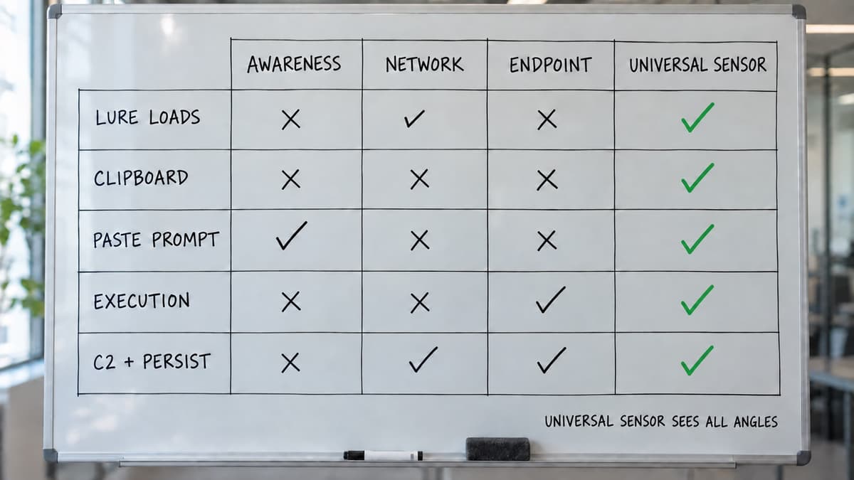 Whiteboard grid of ClickFix stages against defensive layers: awareness, network blocking and endpoint detection each see only some stages, while the Universal Sensor column covers every stage