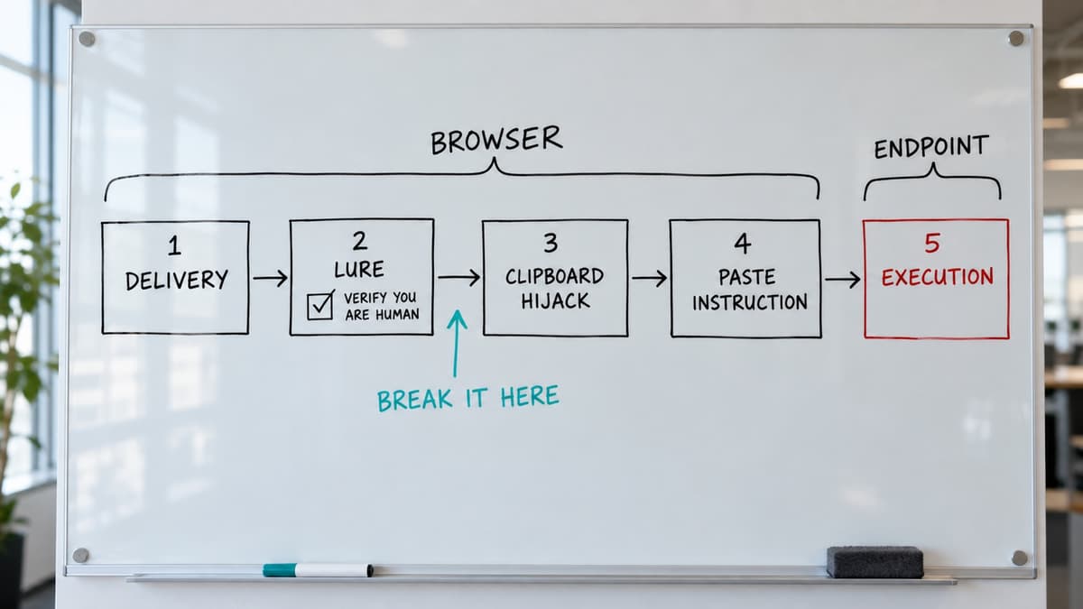 Whiteboard diagram of the five ClickFix stages: delivery, lure, clipboard hijack, instruction to paste, execution, with the first four bracketed as browser and the fifth as endpoint