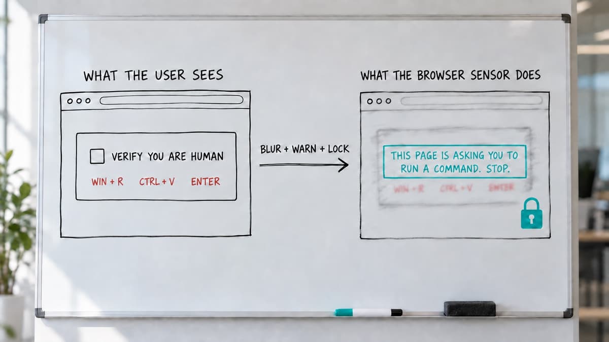 Whiteboard sketch of a fake verification pop-up shown twice: what the user sees, and what the browser sensor does, blurred with a warning overlaid and interaction locked