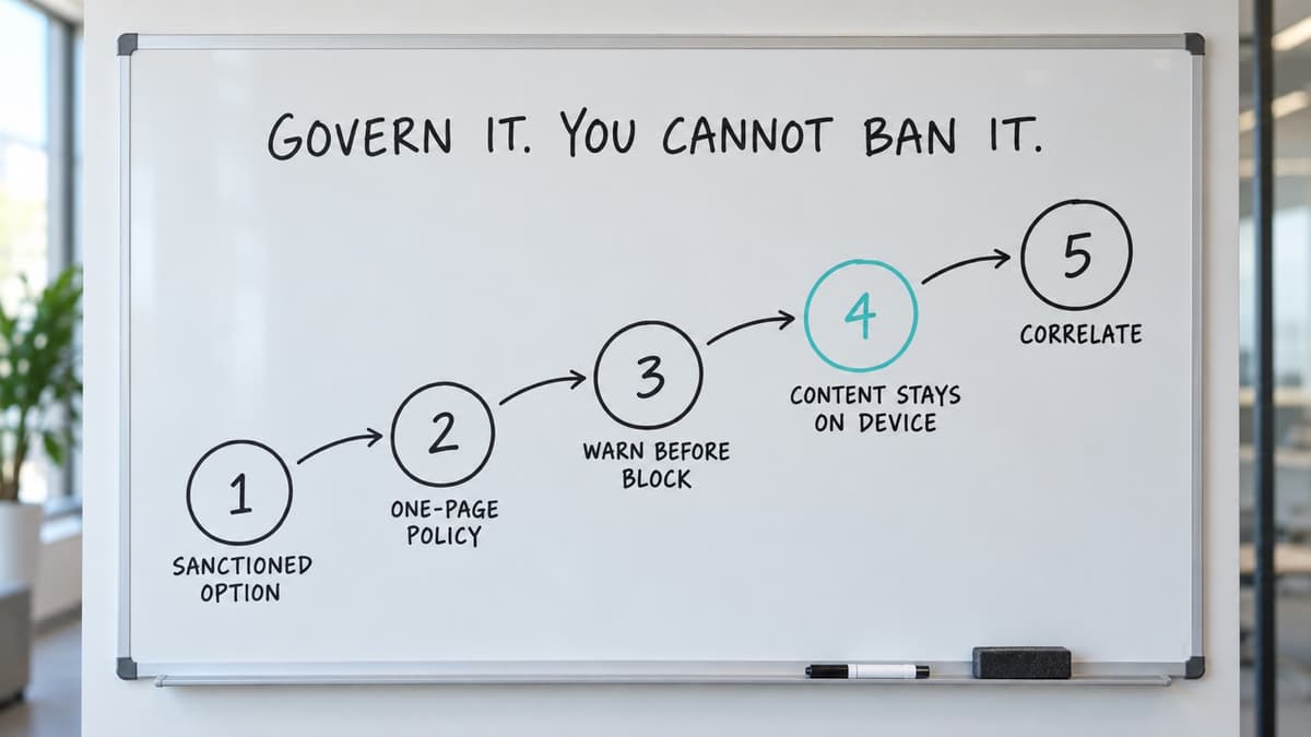 Whiteboard of five numbered steps to govern shadow AI: provide a sanctioned option, write a one-page policy, see before you block, keep content on the device, correlate
