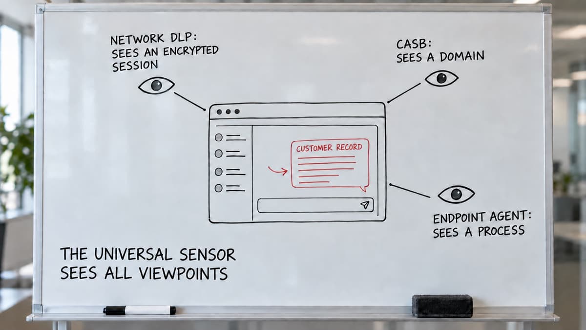 Whiteboard diagram of a browser tab with a paste into an AI chat, ringed by network DLP, CASB and endpoint agents that each see only the outside of the tab, captioned that the Universal Sensor sees all viewpoints