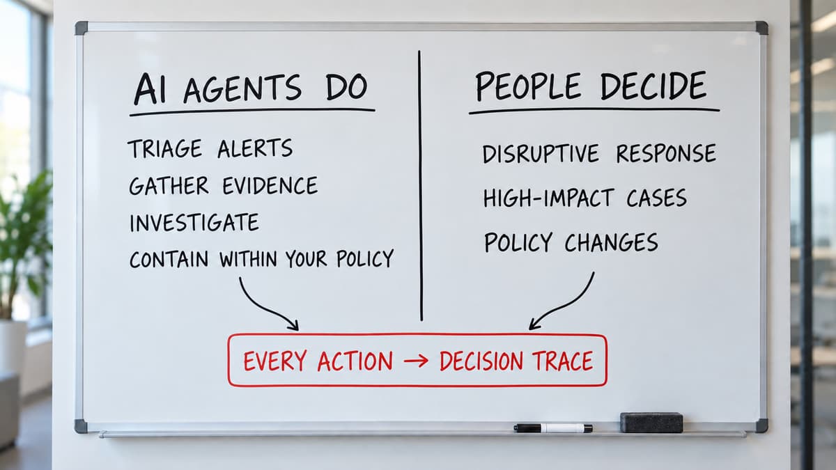 Whiteboard with two columns: AI agents do triage, gather evidence, investigate and contain within your policy; people decide on disruptive response, high-impact cases and policy changes; every action goes into the Decision Trace