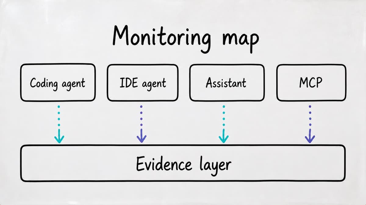 Diagram of coding agent, IDE agent, assistant, and MCP telemetry funnelling into one evidence layer