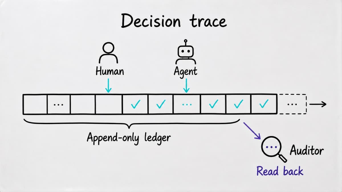 Diagram of an append-only decision ledger receiving human and agent actions, with auditor read-back