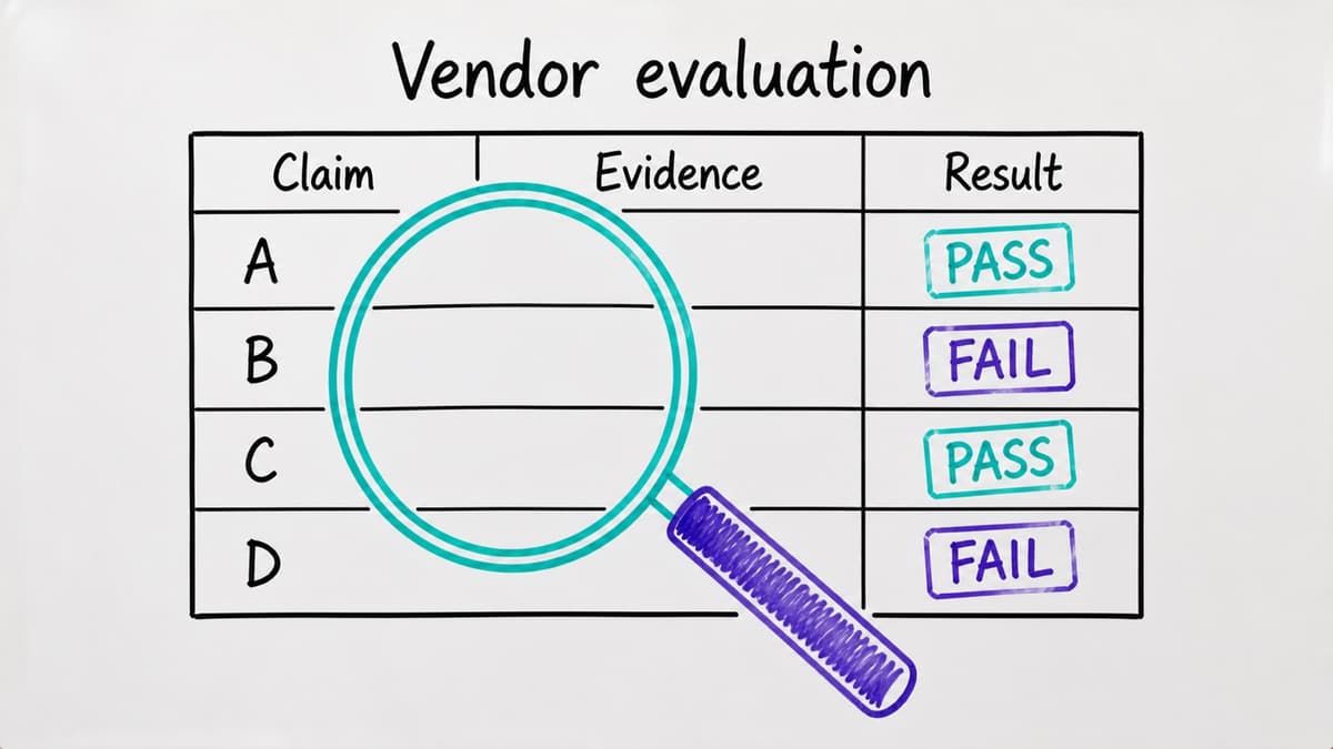 Diagram of a four-row pass/fail vendor evaluation scorecard with a magnifying glass over claims and evidence
