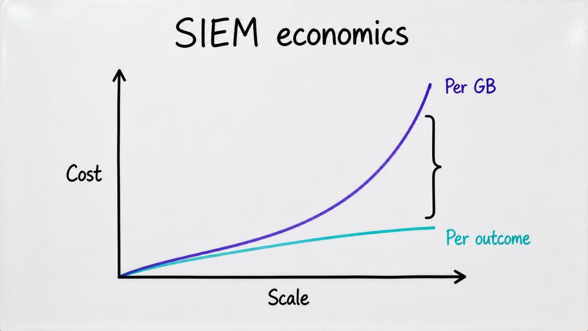 Diagram of diverging SIEM cost curves comparing cost per GB ingested with cost per outcome