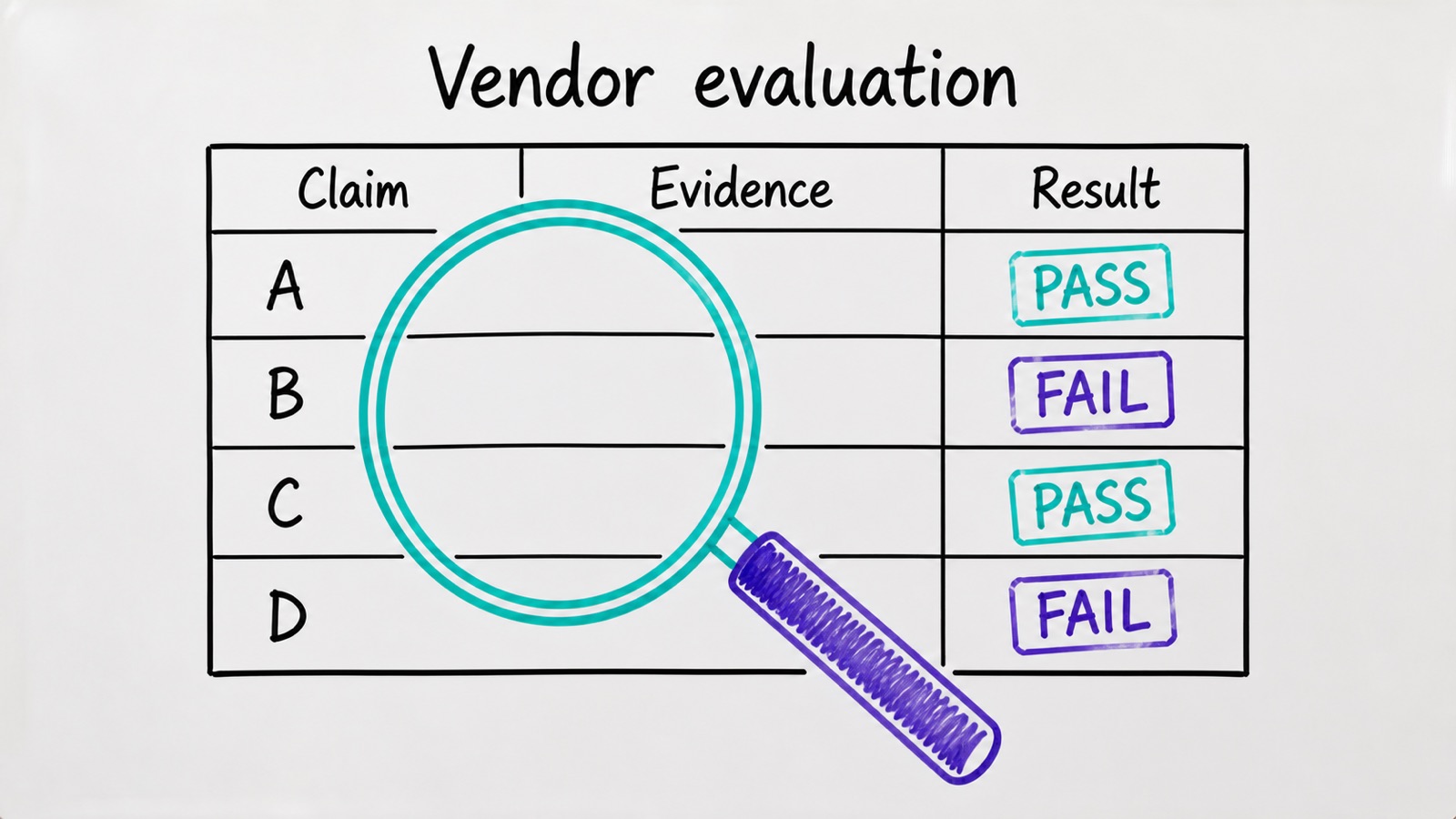 Diagram of a four-row pass/fail vendor evaluation scorecard with a magnifying glass over claims and evidence