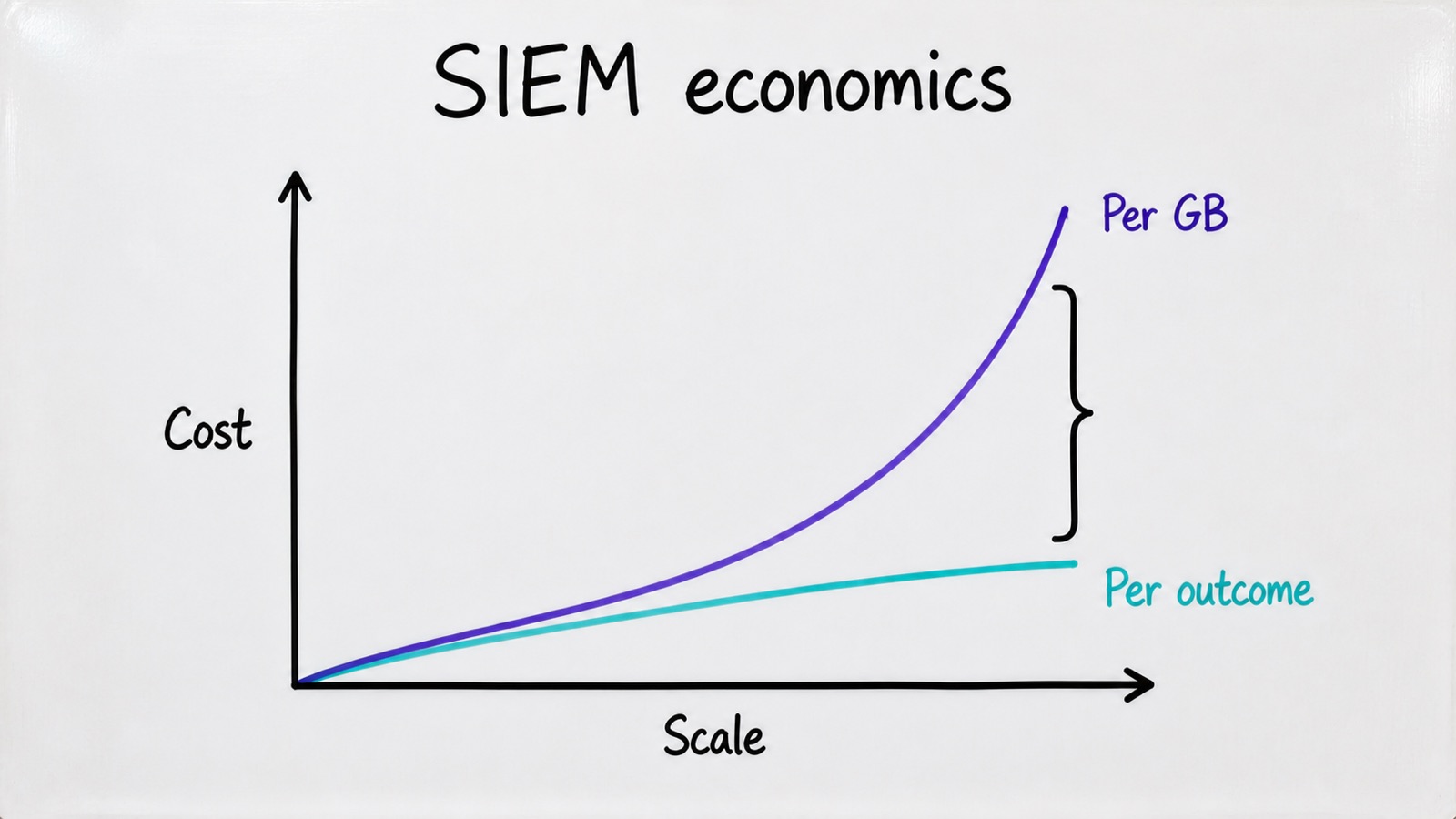 Diagram of diverging SIEM cost curves comparing cost per GB ingested with cost per outcome